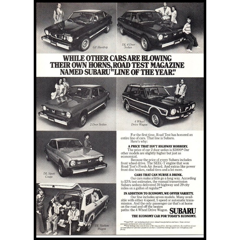 1976 Subaru Car Lineup Vintage Print Ad GF DL Coupe Wagon Sedan Wall Art Photo
